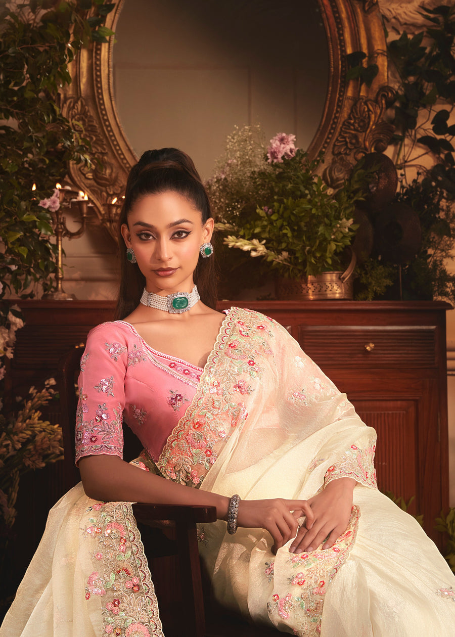 Creamy White Organza Tissue Silk Saree & Pink Blouse With Embroidery Work