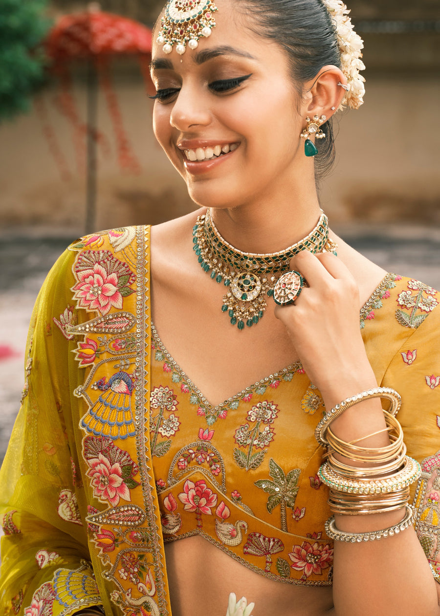Yellow Embroidered Banarasi Silk Lehenga Choli & Contrast Green Dupatta