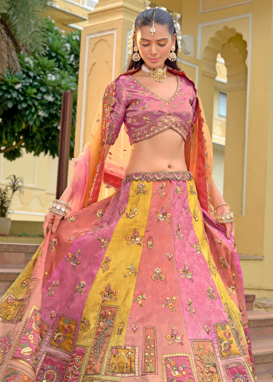 Coral Pink & Yellow Silk Bridal Lehenga Choli