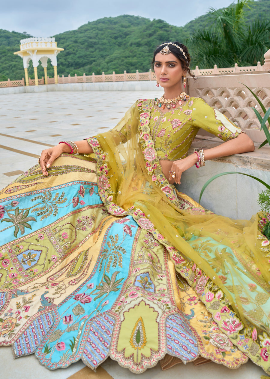 Pastel Green and Pastel Blue Silk Lehenga Choli