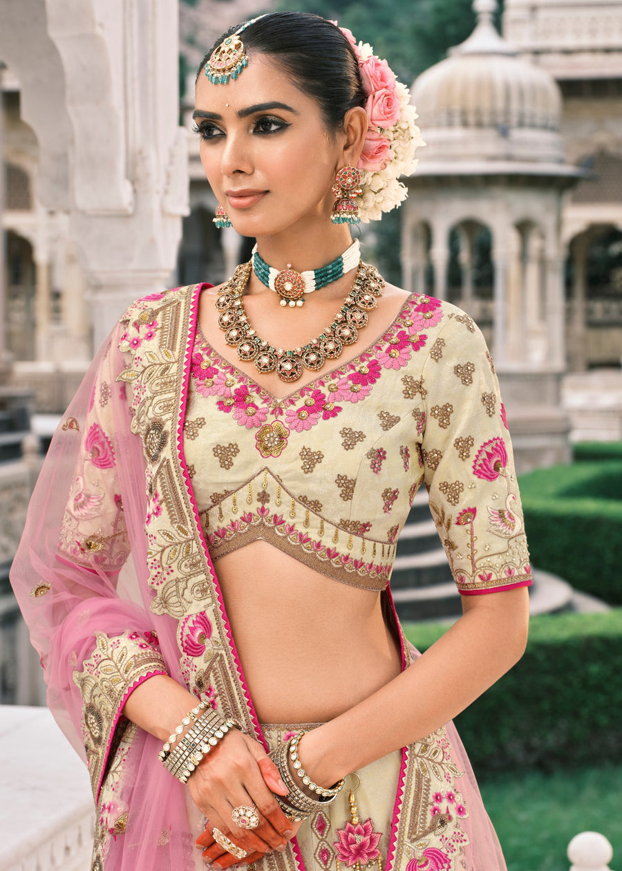 Cream & Pink Embroidered Silk Lehenga Choli