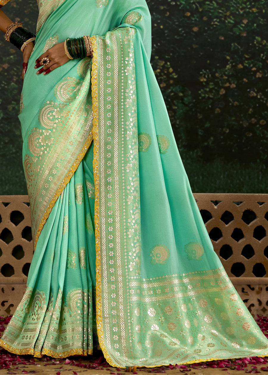 Sea Green Dola Banarasi Silk Saree & Yellow Embroidered Blouse