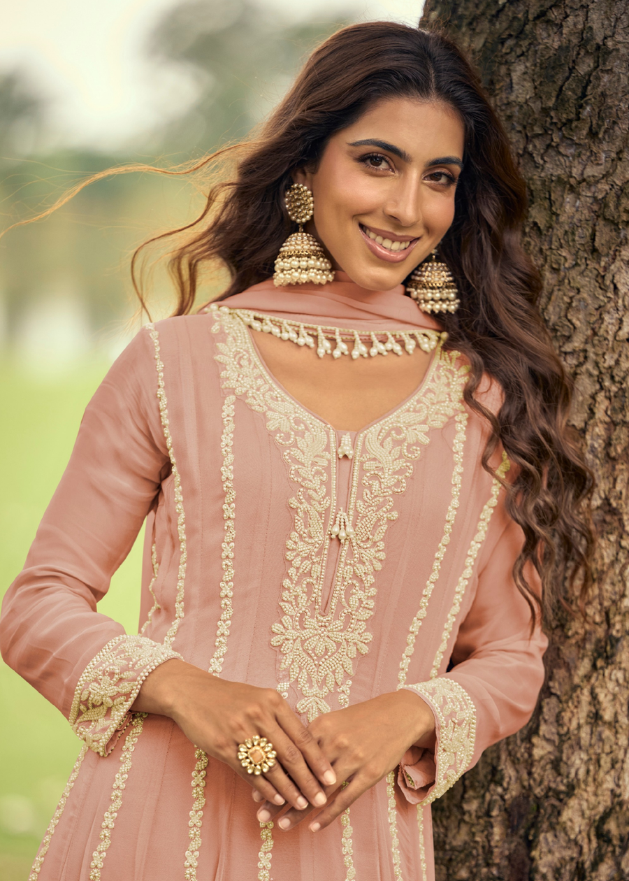 Peachy Pink Georgette Anarkali Suit Set With Beadwork