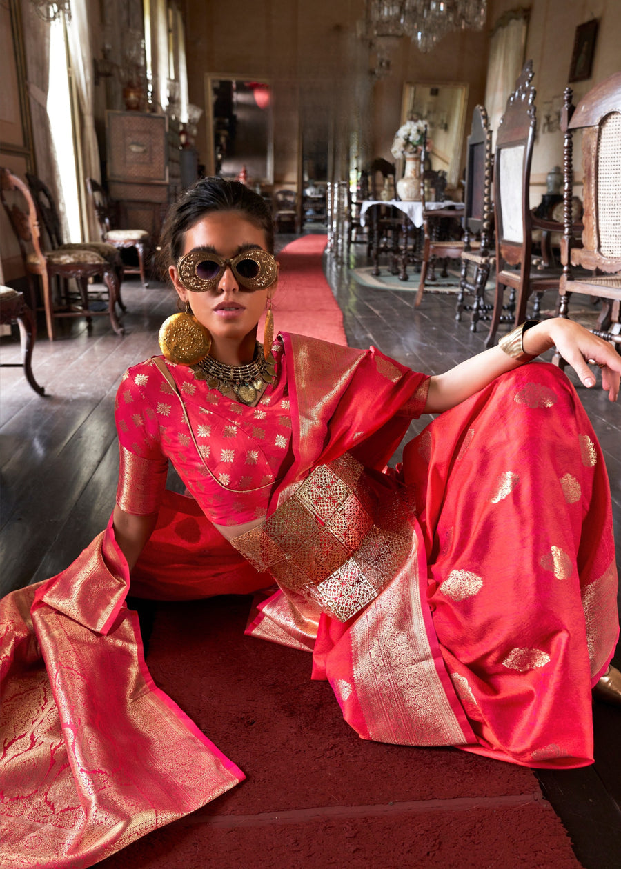 Soft Banarasi Silk Pinkish Red Handloom Weaving Saree