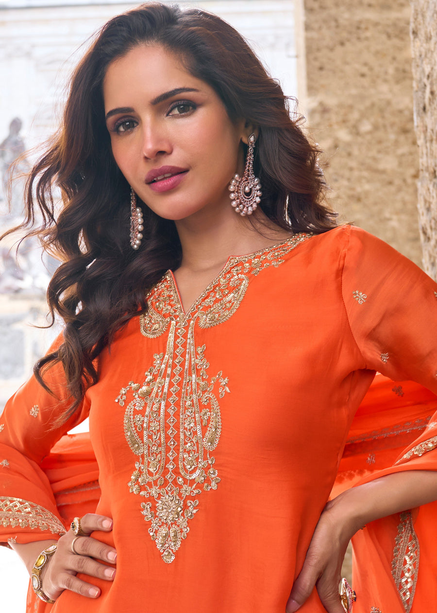 Designer Readymade Orange Chinon Silk Palazzo Suit Set