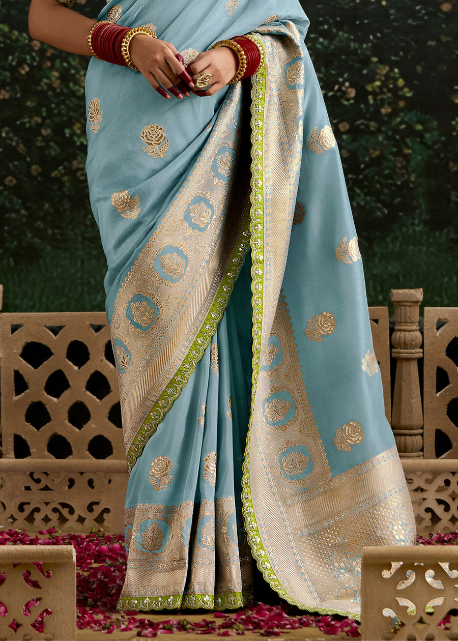Pastel Blue Dola Banarasi Silk Saree & Lime Green Embroidered Blouse