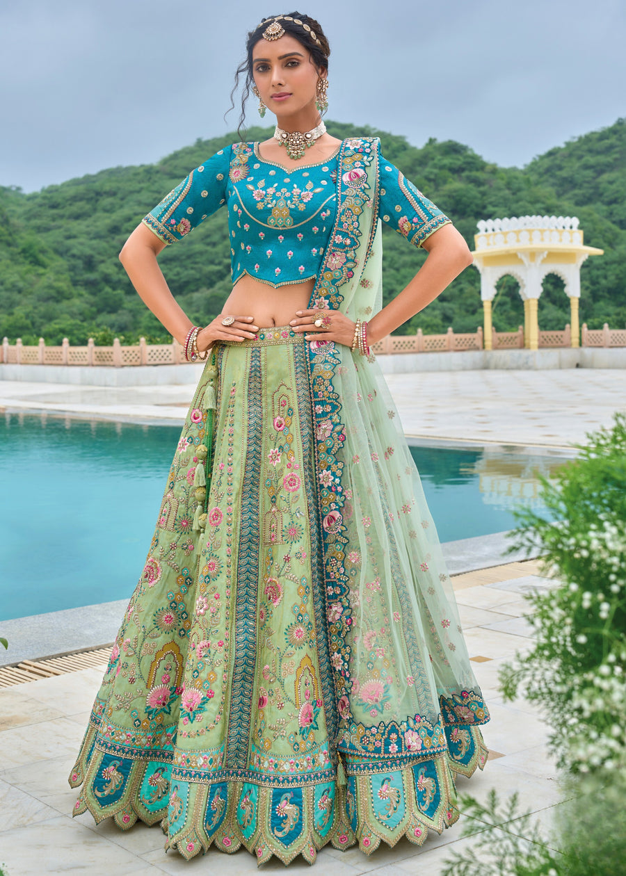 Designer Pista Green and Blue Banarasi Silk Bridal Lehenga Choli