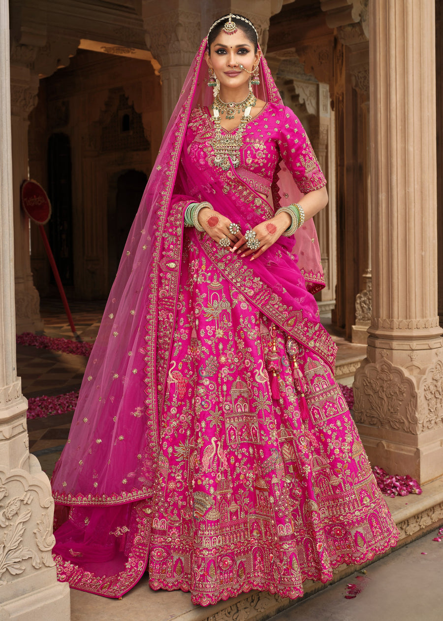 Fuchsia Pink Silk Bridal Lehenga Choli with Zari Work