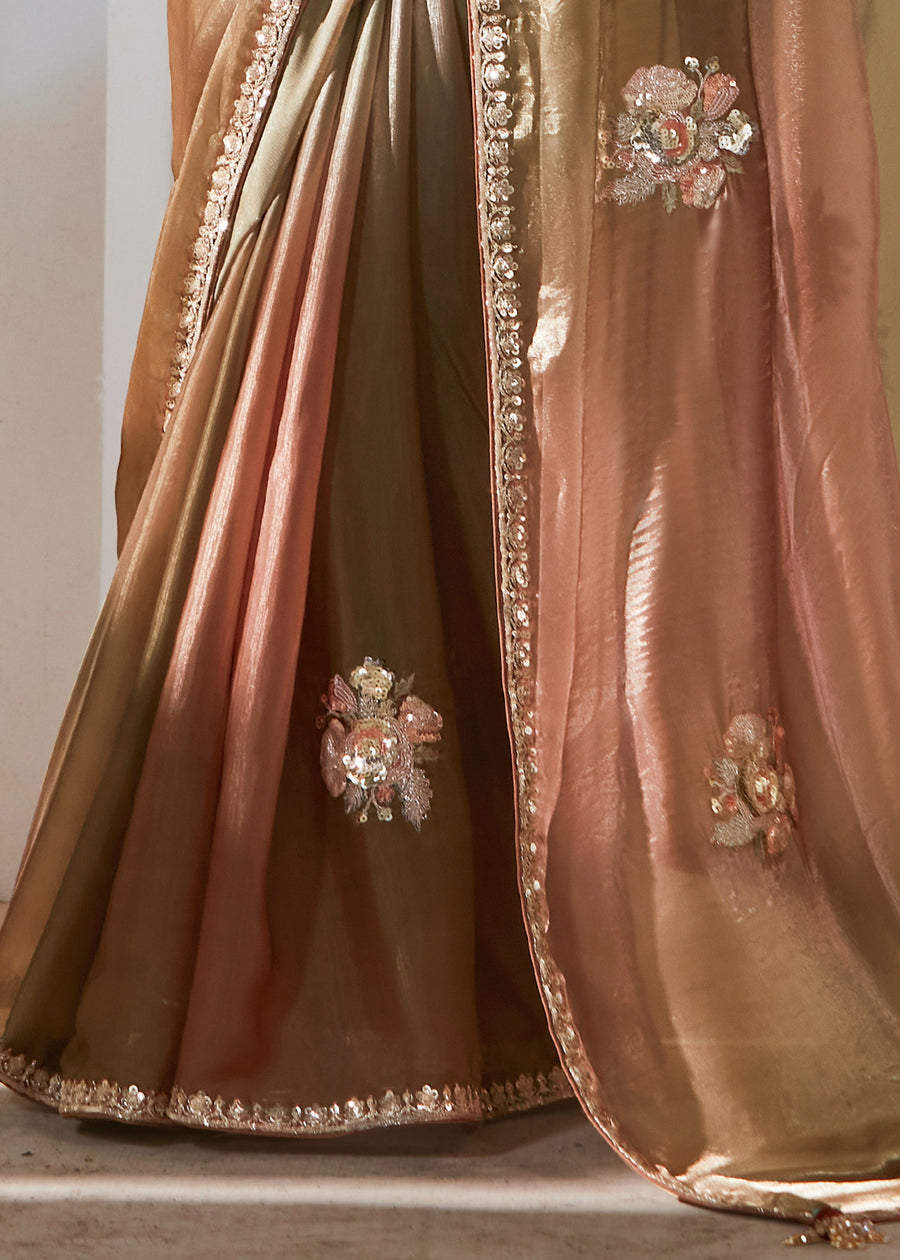 Pastel Brown & Olive Green Organza Tissue Silk Embroidered Saree & Printed Blouse