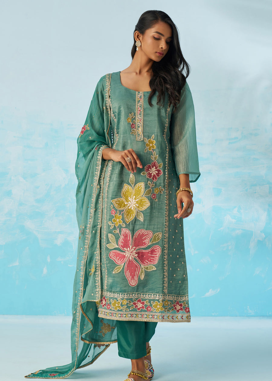 Sage Green Crushed Tissue Silk Ethnic Pant Style Suit With Dupatta