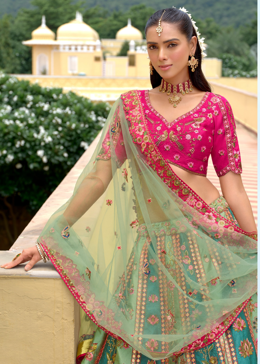 Teal Green and Rani Pink Silk Embroidered Bridal Lehenga Choli