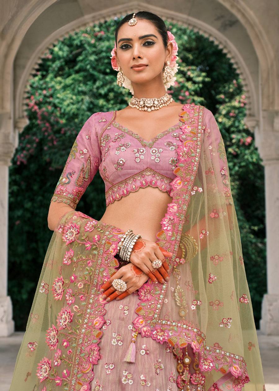 Pink & Pista Green Ombre Effect Embroidered Banarasi Silk Lehenga Choli