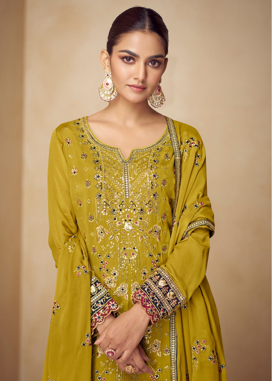 Mustard Yellow Chinon Silk Palazzo Suit With Dupatta