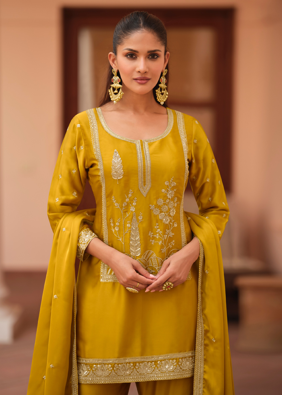 Readymade Mustard Yellow Embroidered Silk Sharara Suit Set with Dupatta