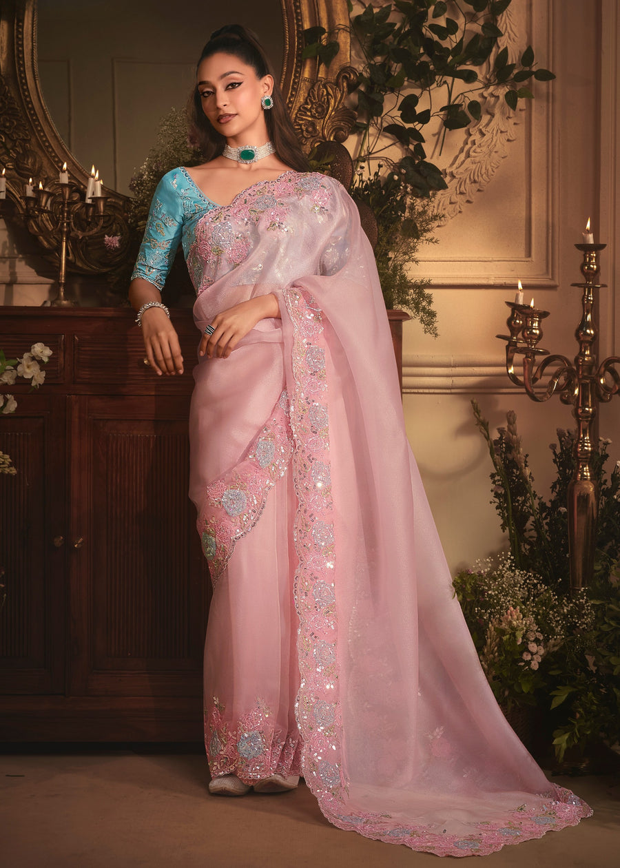 Pastel Pink Organza Tissue Silk Saree & Blue Blouse With Embroidery Work