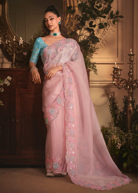 Pastel Pink Organza Tissue Silk Saree & Blue Blouse With Embroidery Work