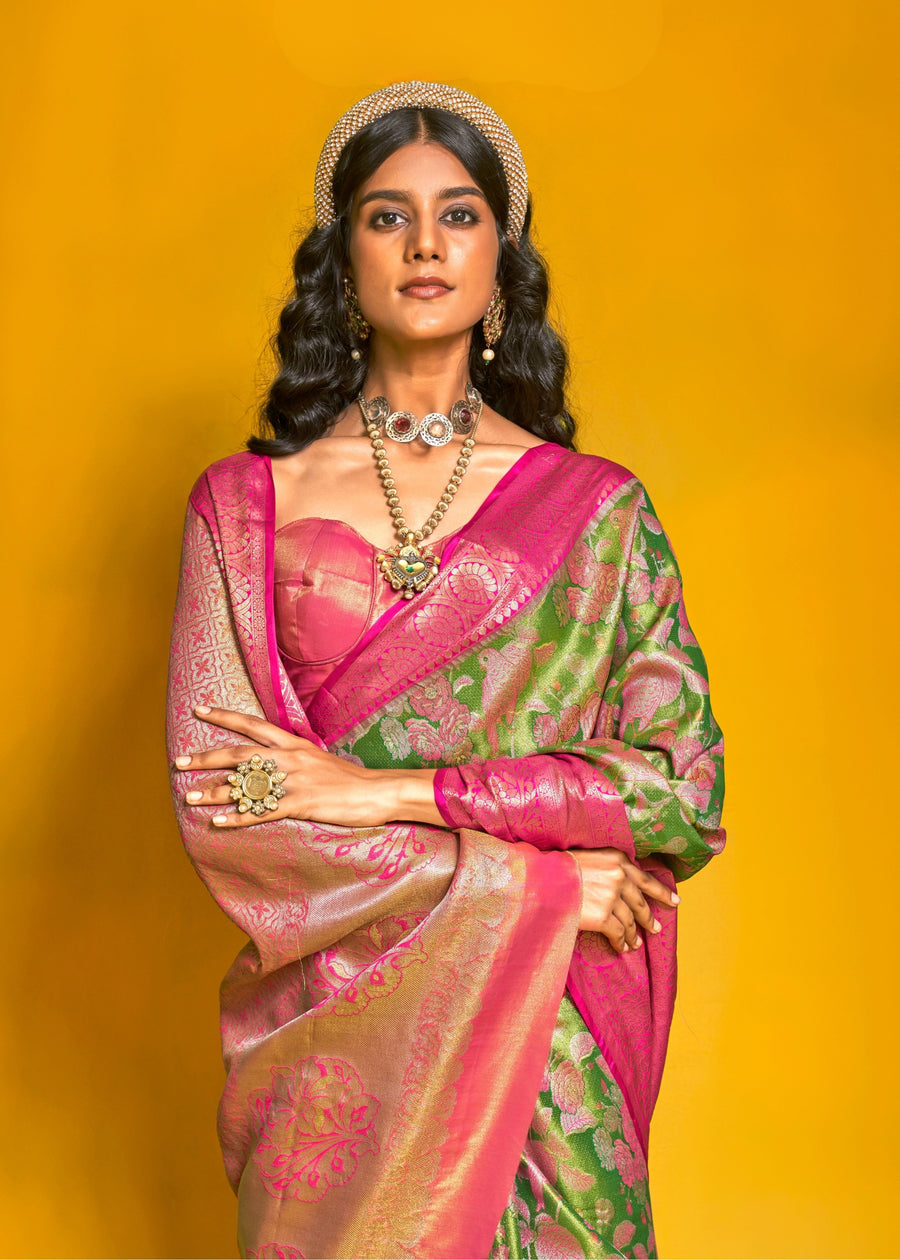 Lawn Green and Pink Kanjivaram Silk Handloom Saree
