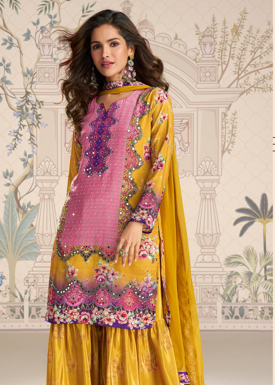 Mustard Yellow Crepe Silk Sharara Suit With Dupatta