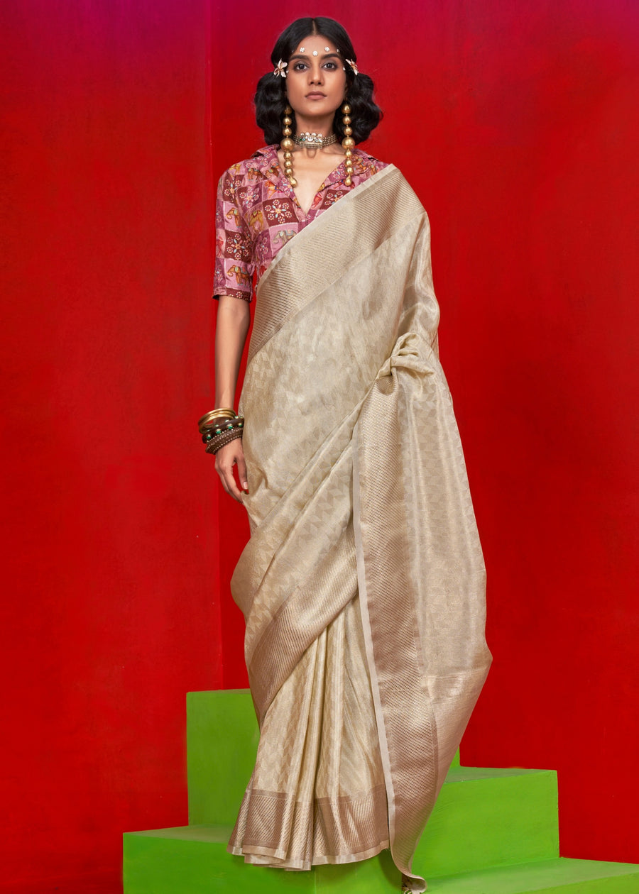 Cream Banarasi Tissue Silk Handloom Saree
