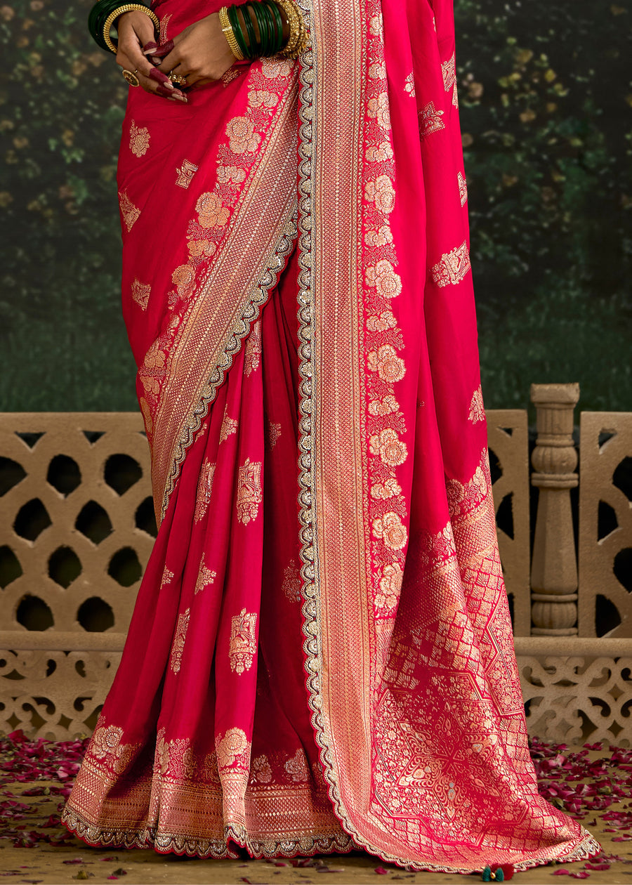 Pinkish Red Dola Banarasi Silk Saree & Green Embroidered Blouse