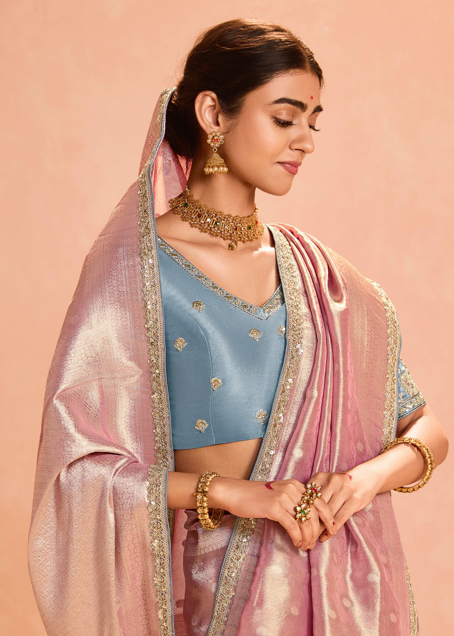 Pure Banarasi Tissue Silk Embroidered Pastel Pink Handloom Saree & Contrast Blue Blouse