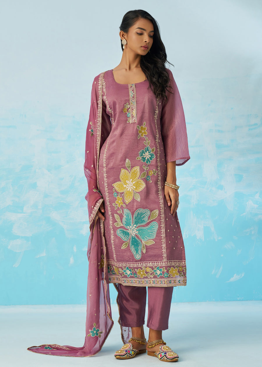 Mauve Purple Crushed Tissue Silk Ethnic Pant Style Suit With Dupatta
