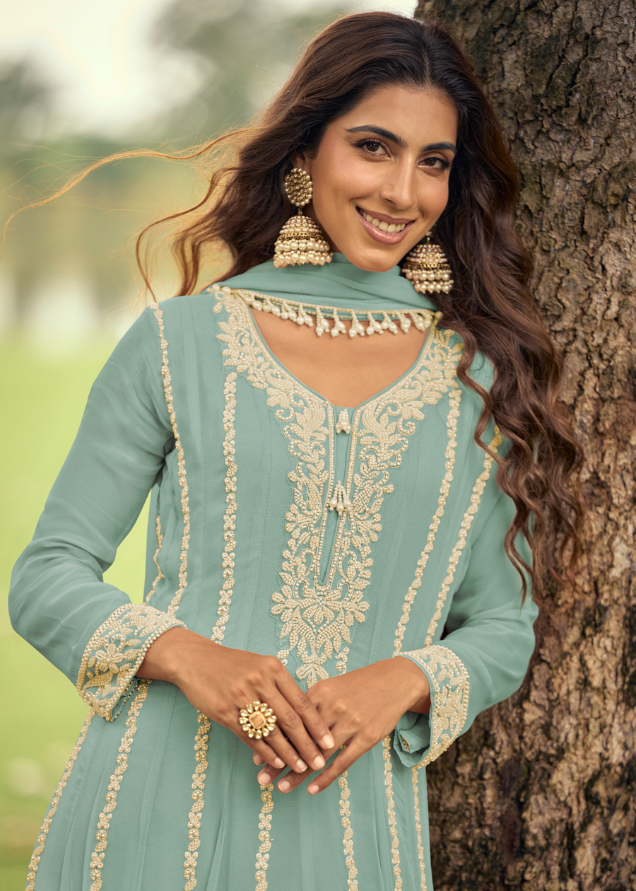 Pastel Blue Georgette Anarkali Suit Set With Beadwork