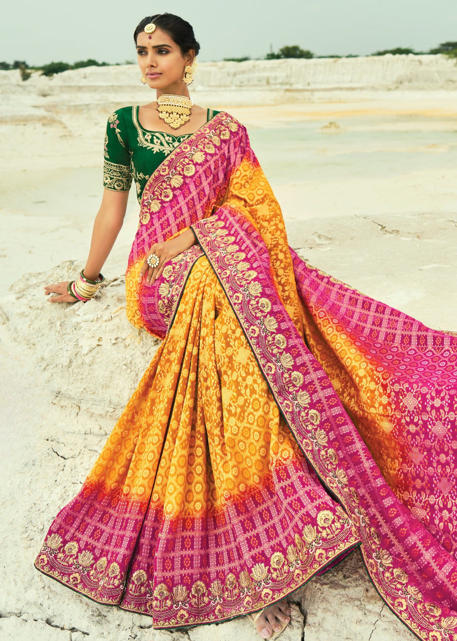 Yellow & Pink Khaddi Georgette Embroidered Bandhani Saree with Green Blouse