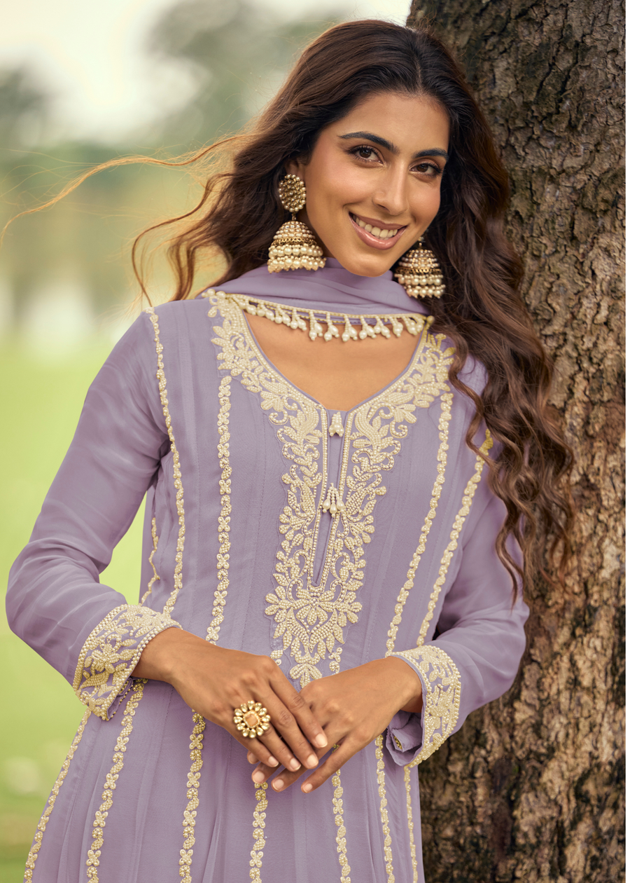 Lavender Purple Georgette Anarkali Suit Set With Beadwork
