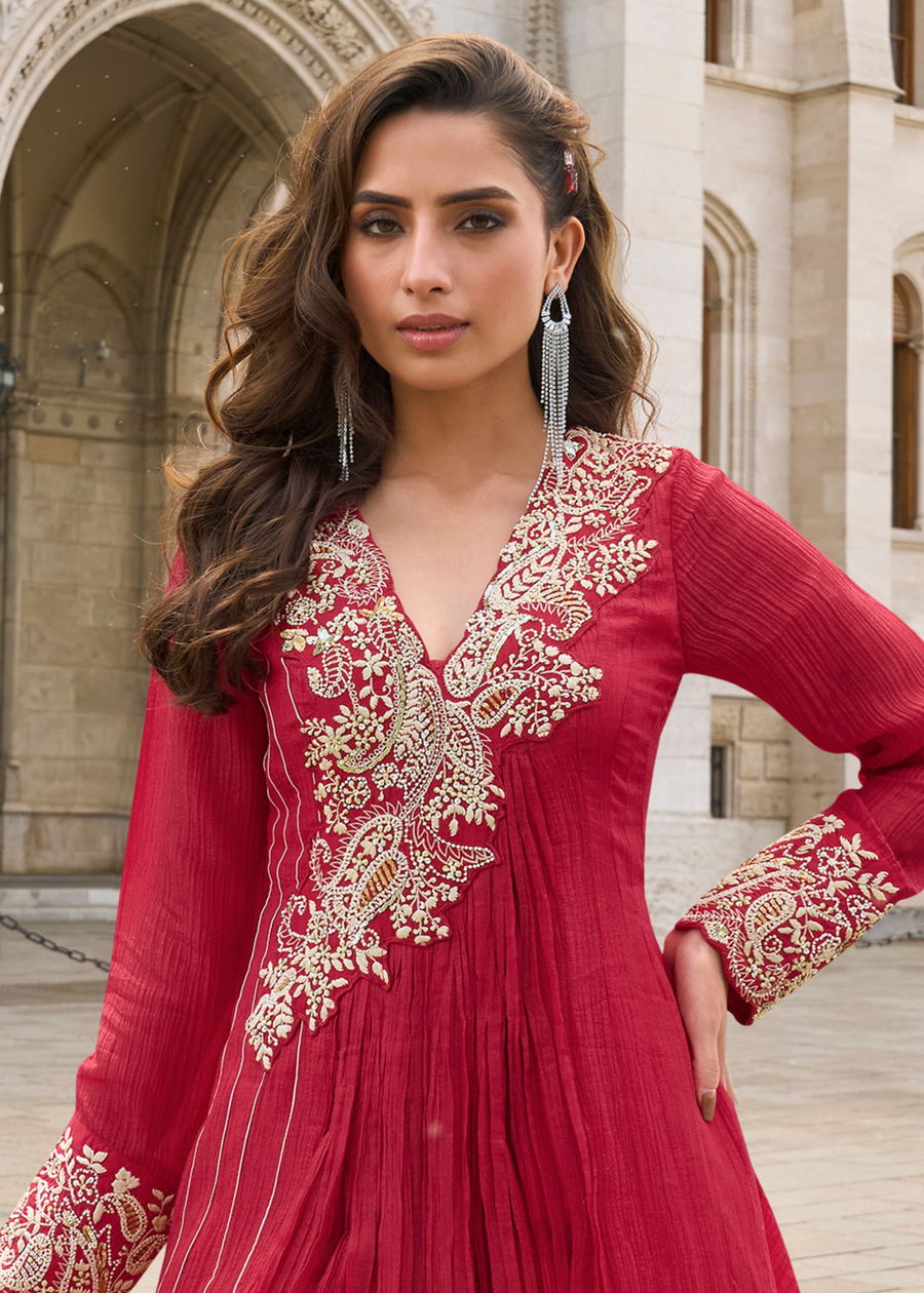 Red Anarkali Style Chinon Silk Gown Suit With Dupatta