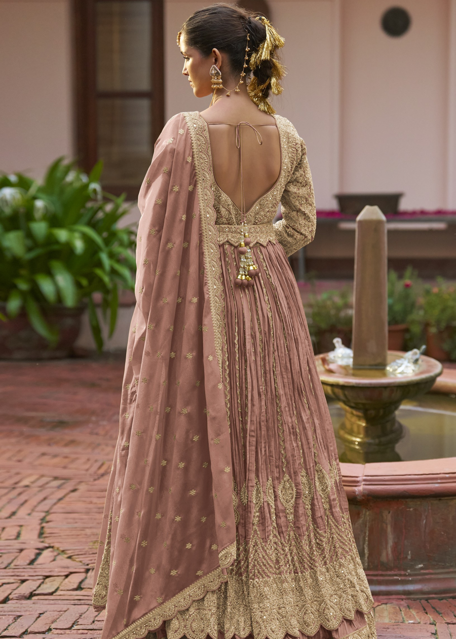 Pastel Brown Chinon Silk Anarkali Suit With Ghagra Skirt