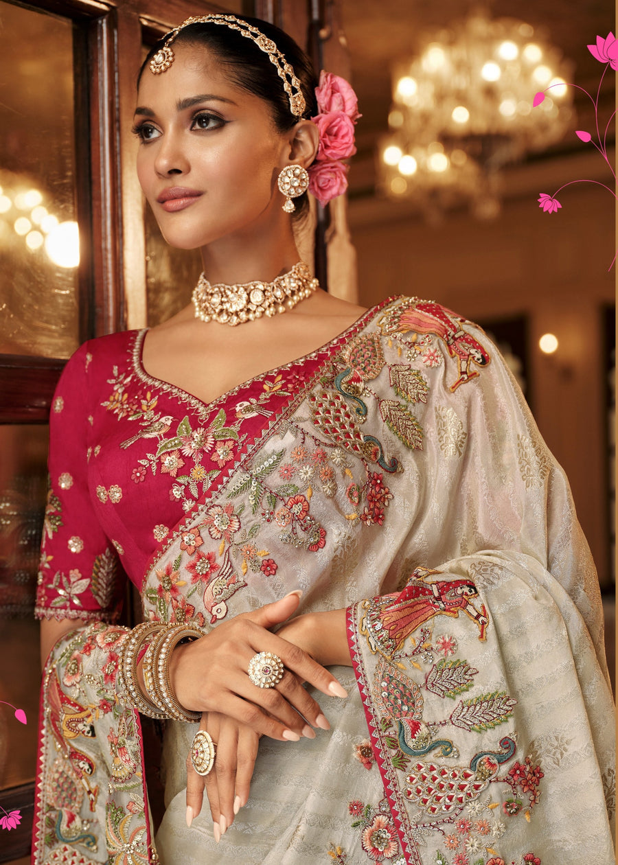Ivory White Soft Banarasi Silk Embroidered Saree & Contrast Red Blouse