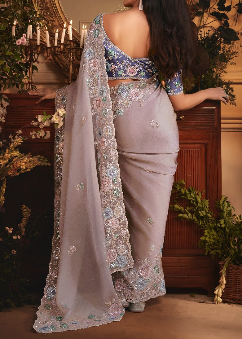 Beige Organza Tissue Silk Saree & Purple Blouse With Sequins Embroidery