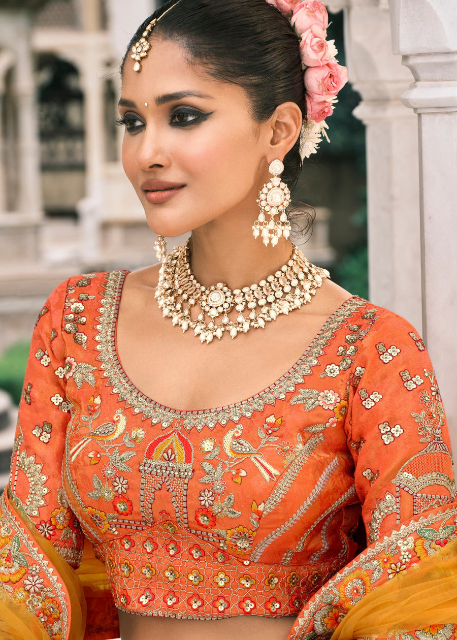 Orange & Yellow Embroidered Banarasi Silk Lehenga Choli