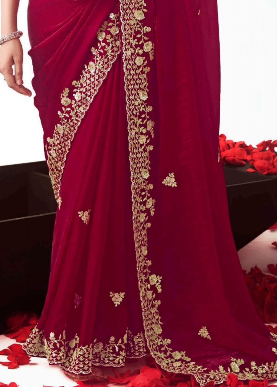 Dark Red Fancy Organza Tissue Silk Embroidered Bridal Saree