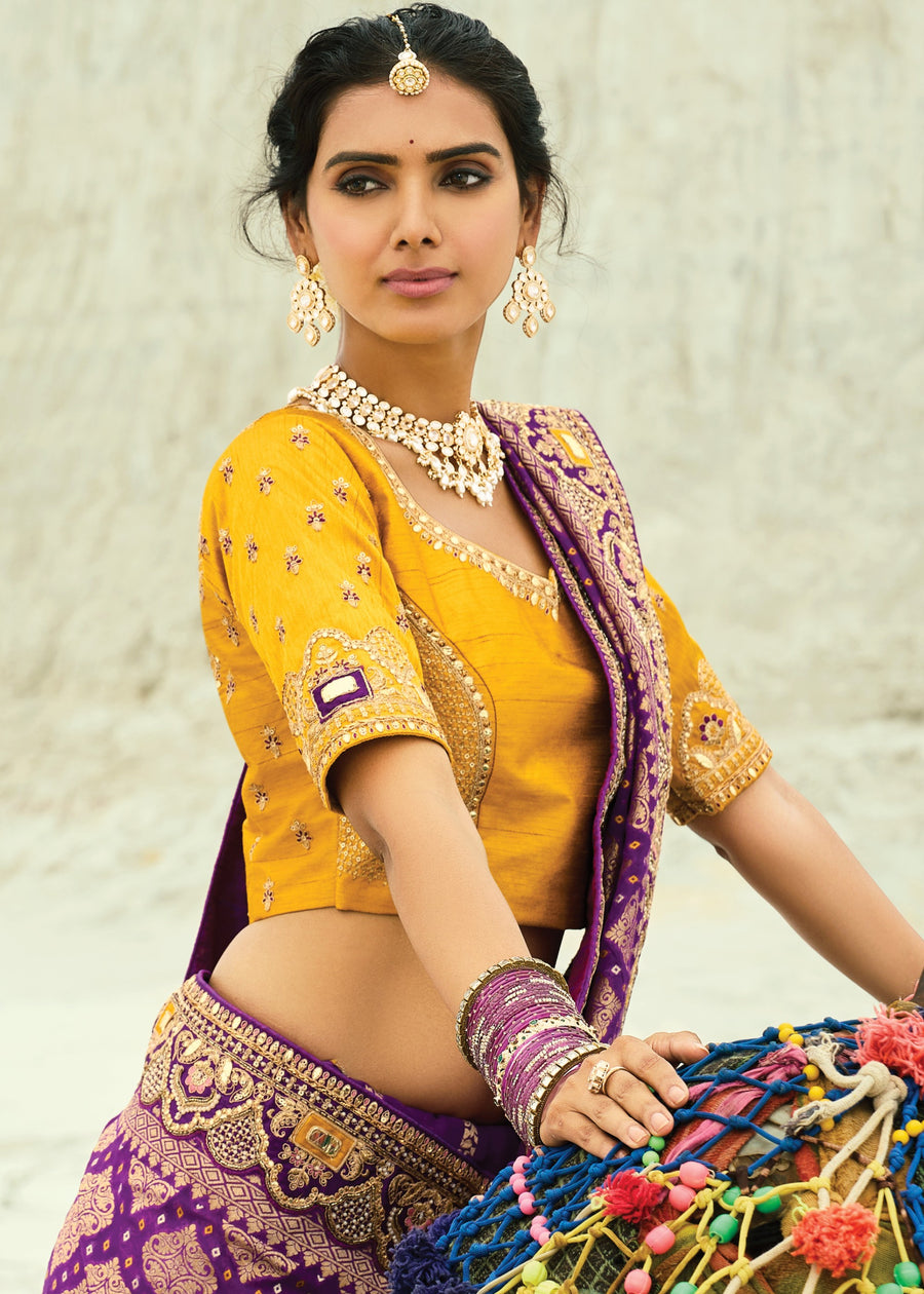 Purple Khaddi Georgette Embroidered Bandhani Saree & Yellow Blouse