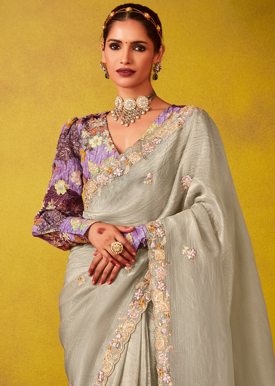 Grey Glass Tissue Silk Embroidered Saree & Purple Printed Blouse