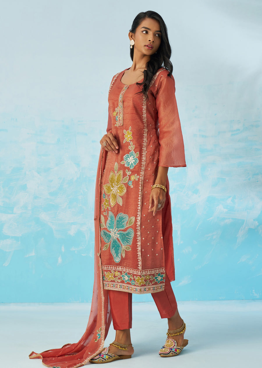 Rust Brown Crushed Tissue Silk Ethnic Pant Style Suit With Dupatta