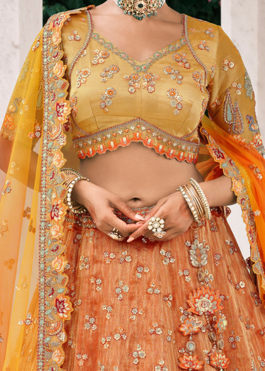 Orange & Yellow Ombre Effect Embroidered Banarasi Silk Lehenga Choli
