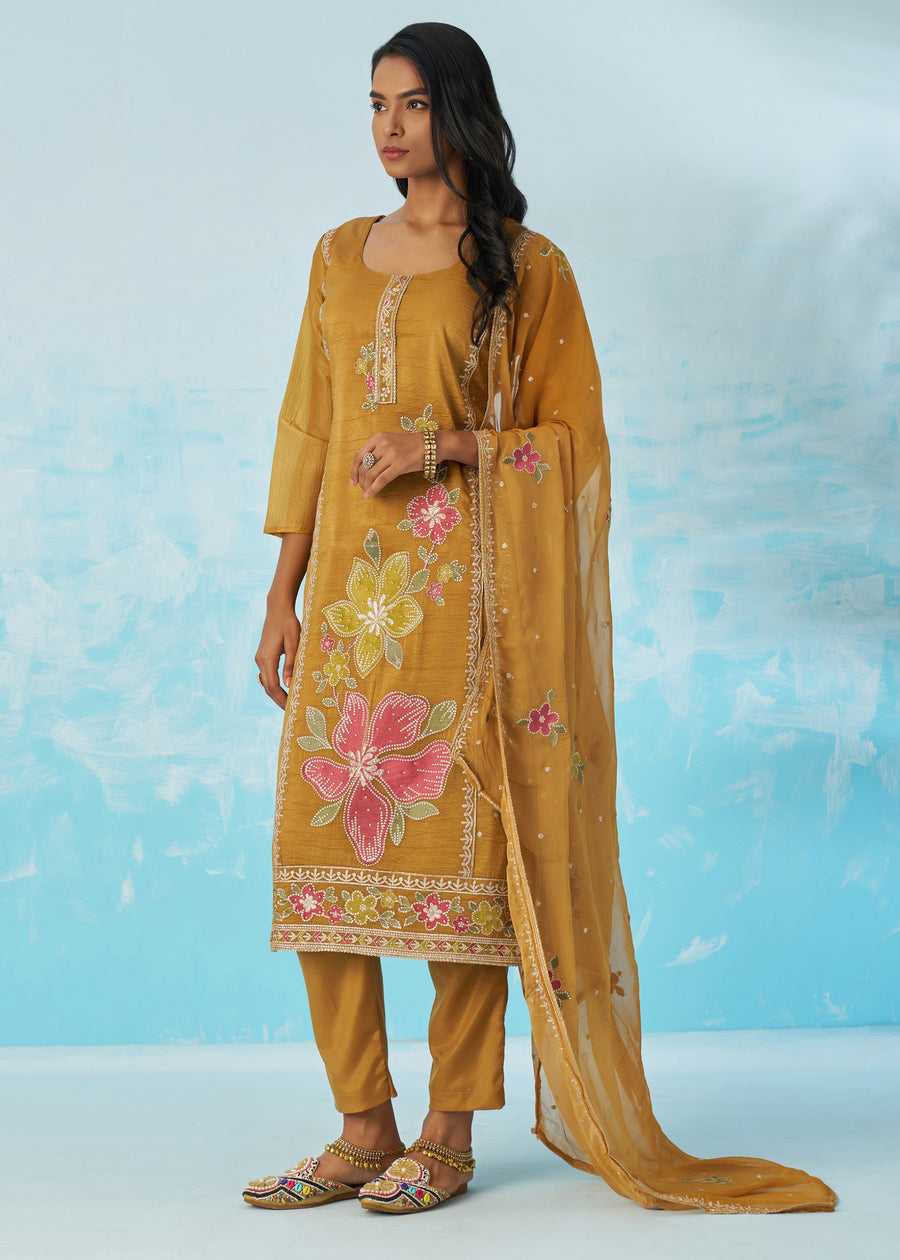 Mustard Yellow Crushed Tissue Silk Ethnic Pant Style Suit With Dupatta
