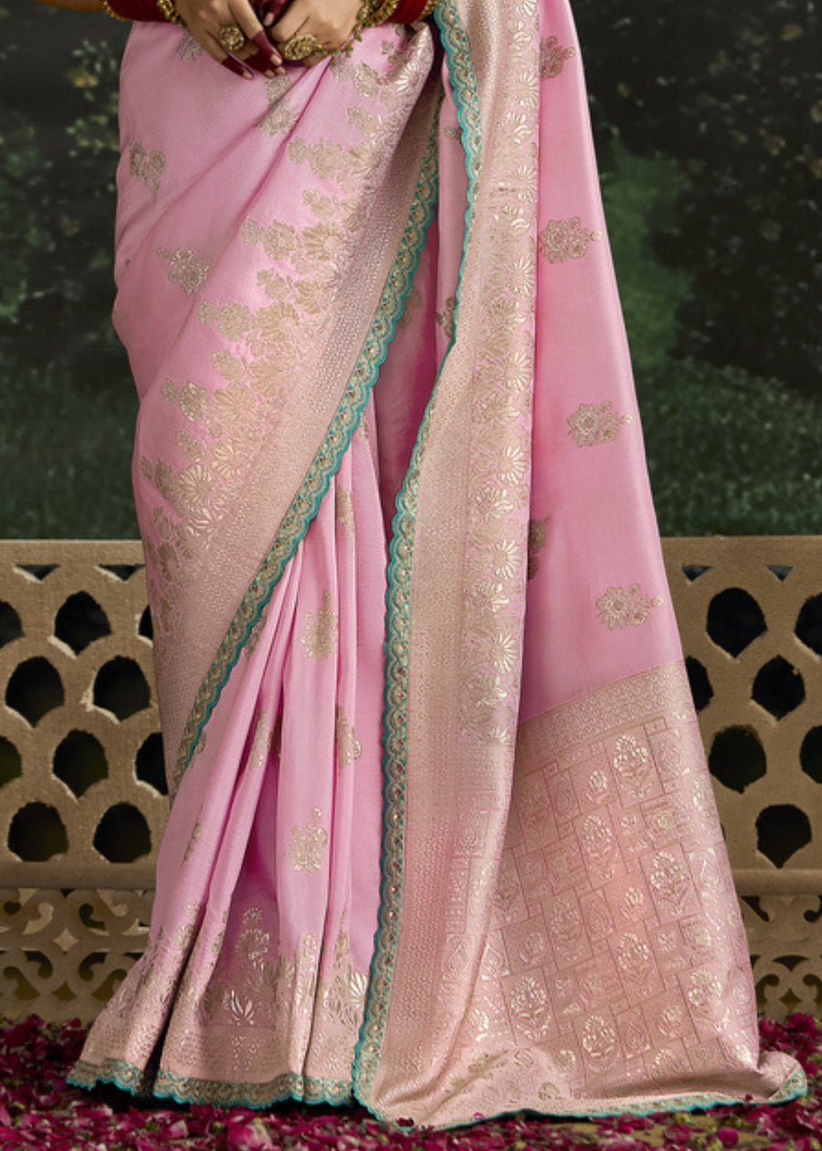 Pastel Pink Dola Banarasi Silk Saree & Green Embroidered Blouse