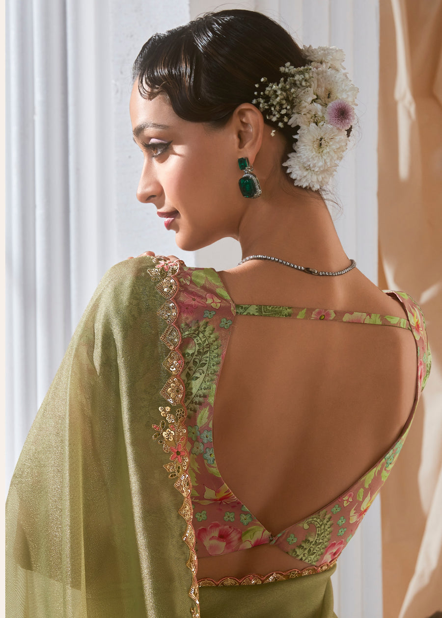 Pastel Green Organza Tissue Silk Embroidered Saree & Printed Blouse