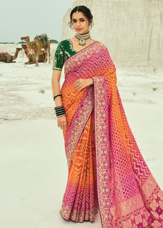 Orange & Rani Pink Ombre Khaddi Georgette Embroidered Bandhani Saree