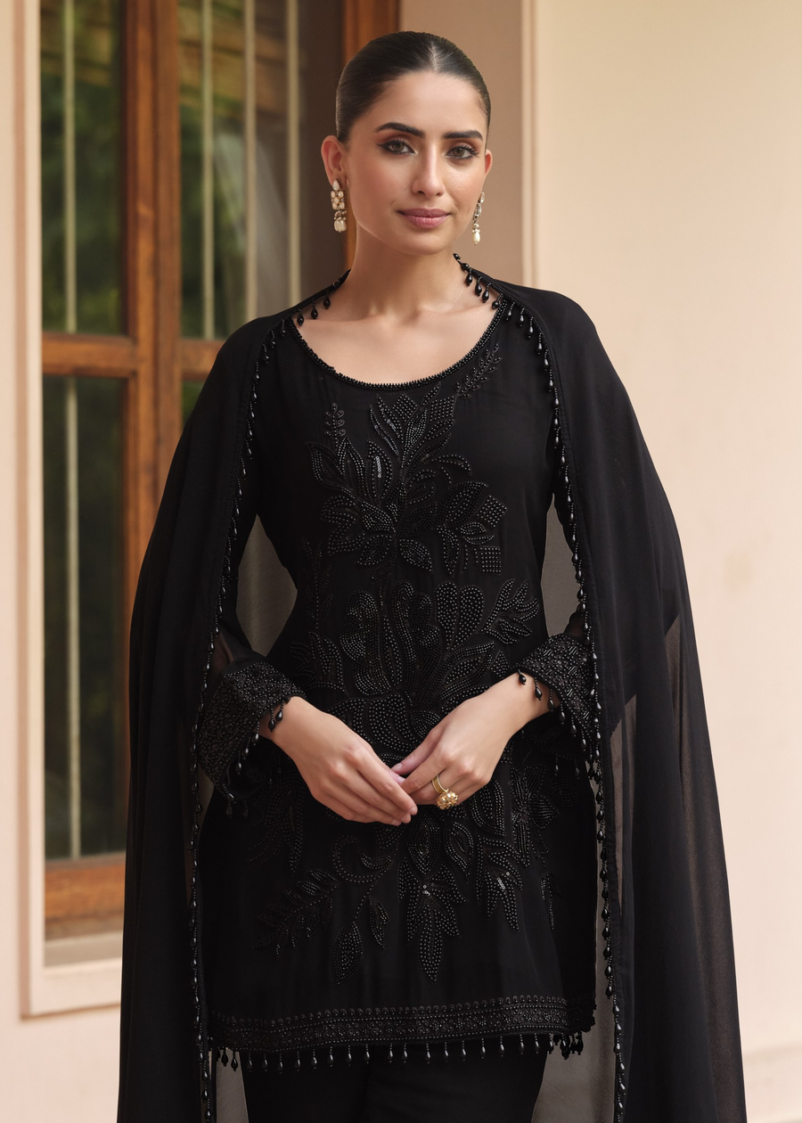 Black Georgette Parallel Suit Set With Dupatta
