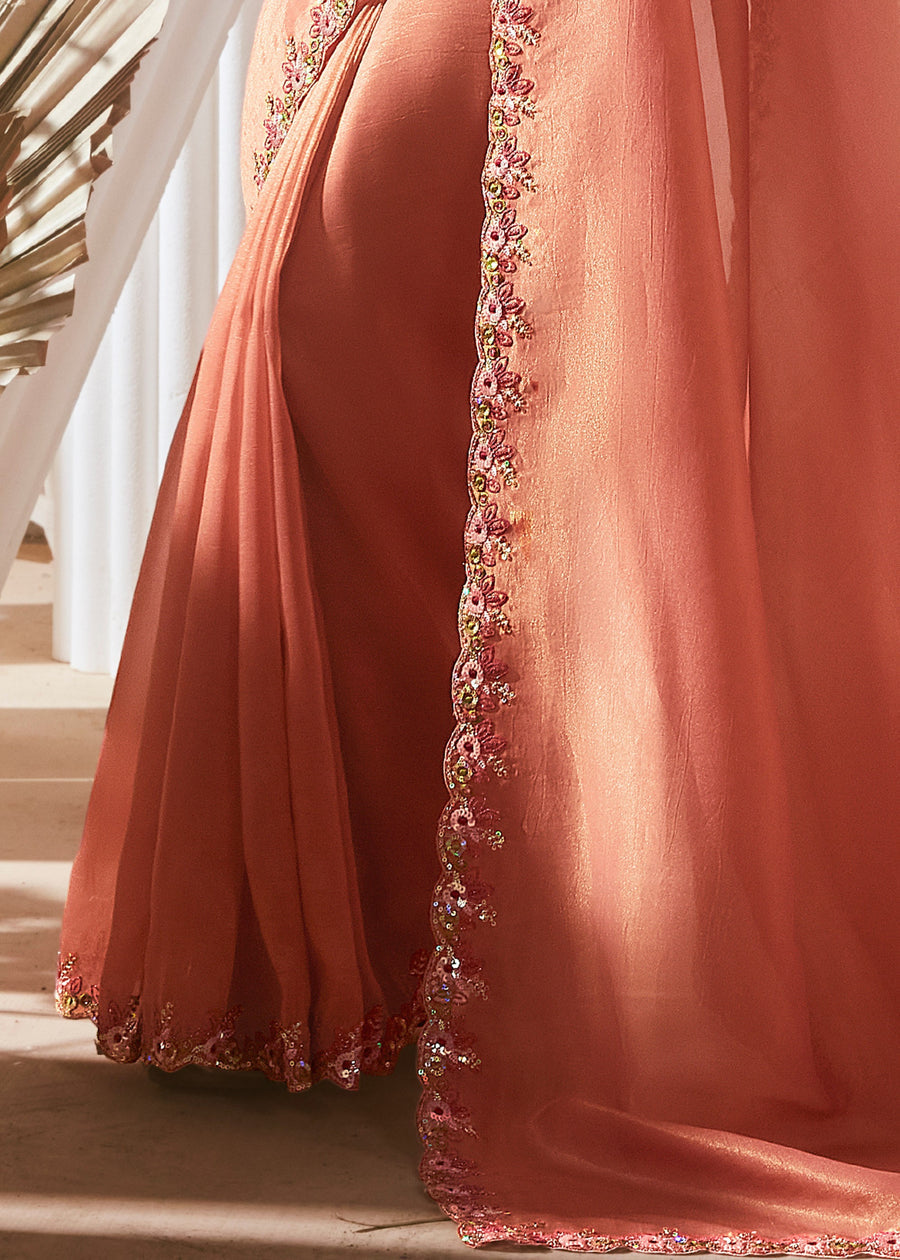 Light Orange Organza Tissue Silk Embroidered Saree & Green Printed Blouse