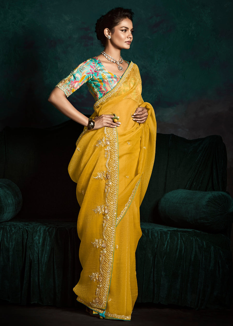 Yellow Embroidered Sheer Silk Saree With Contrast Blue Printed Blouse