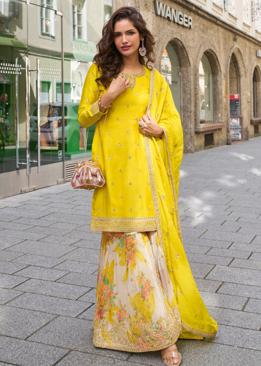 Bright Yellow Crepe Silk Sharara Suit With Dupatta