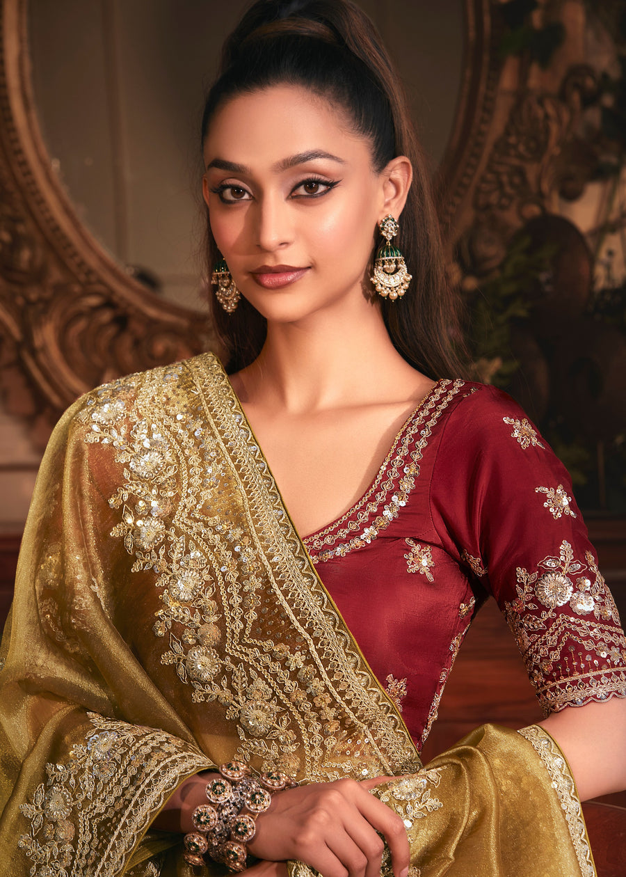 Mustard Yellow Organza Tissue Silk Saree & Red Blouse With Embroidery Work