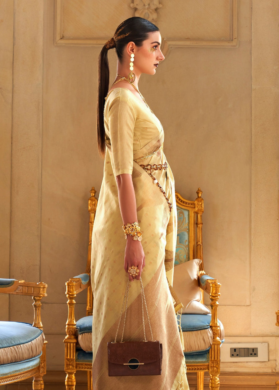 Kanjivaram Tissue Silk Pastel Yellow Handloom Weaving Saree