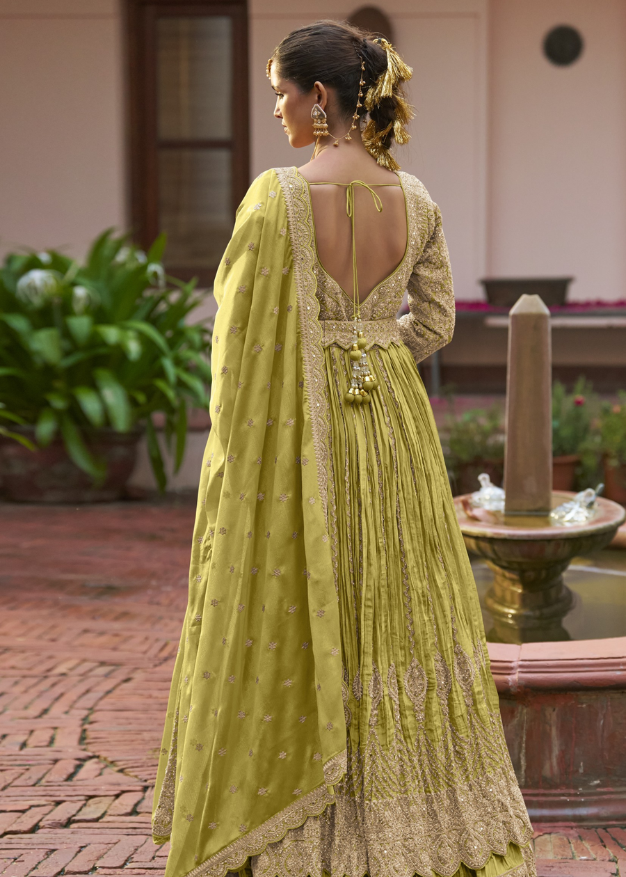Lime Green Chinon Silk Anarkali Suit With Ghagra Skirt
